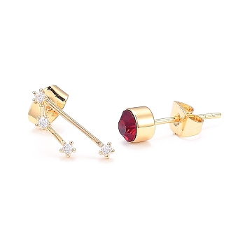 Brass Micro Pave Cubic Zirconia Stud Earrings, Asymmetrical Earrings, with 925 Sterling Silver Pins and Ear Nuts, Flat Round & Constellation/Zodiac Sign, Golden, Red, Taurus, 14.5x5.5mm and 5mm, Pin: 0.8mm