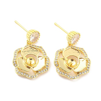 Flower Shape Brass Micro Pave Cubic Zirconia Dangle Stud Earring Findings, Earring Settings for Half Drilled Beads, Long-Lasting Plated, Cadmium Free & Lead Free, Real 18K Gold Plated, 28x18mm