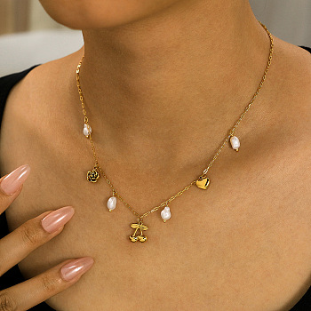 304 Stainless Steel & Imitation Pearl Cherry Heart Flower Pendant Bib Necklaces for Women, White, Golden, 16.14 inch(41cm)