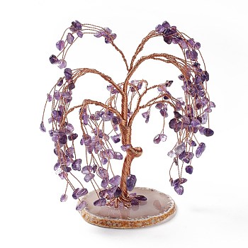 Natural Amethyst Tree Display Decoration, Agate Slice Base Feng Shui Ornament for Wealth, Luck, Rose Gold Brass Wires Wrapped, 64~95x75~125x140~170mm