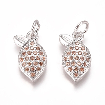Brass Micro Pave Cubic Zirconia Charms, with Jump Rings, Lemon, PeachPuff , Platinum, 12.5x8x2mm, Hole: 3mm