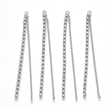 Brass Rhinestone Cup Chain Big Pendants, Tassel Pendant, with Ball Chain, Crystal, Platinum, 70x3.5x2mm, Hole: 1.6mm