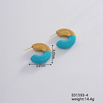 Vintage Retro Stainless Steel C-Shaped Stud Earrings for Women, Elegant and Stylish, Golden, Aquamarine, 30.7x26.1mm