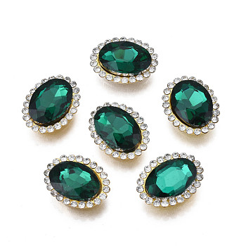 Sew on Rhinestone, Transparent Glass Rhinestone, with Iron Prong Settings, Faceted, Oval, Emerald, 18x14x6mm, Hole: 1.2mm