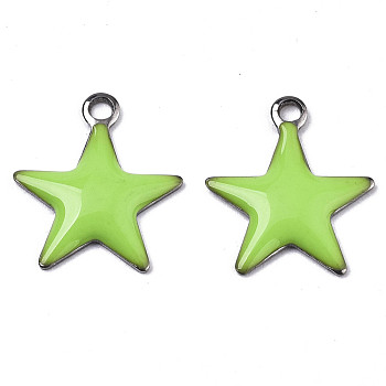 201 Stainless Steel Enamel Charms, Star, Stainless Steel Color, Green Yellow, 14.5x12.5x2mm, Hole: 1.5mm