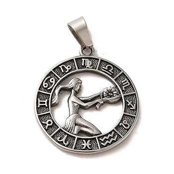 304 Stainless Steel Pendants, Flat Round with Twelve Constellations Charms, Antique Silver, Virgo, 28x25x2mm, Hole: 7x5mm