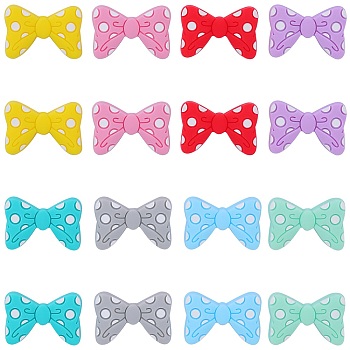 16Pcs 8 Colors Bowknot Silicone Focal Beads, DIY Nursing Necklaces and Bracelets Making, Chewing Pendants For Teethers, Mixed Color, 19x29x9mm, Hole: 2mm, 2pcs/color
