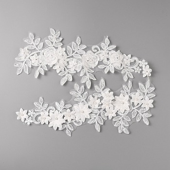 2Pcs Polyester Computerized Embroidery Cloth Patches, with Rhinestone Imitation Pearl Beads and Paillettes, Costume Accessories, Appliques, White, 150x345x7mm, 2pcs/set