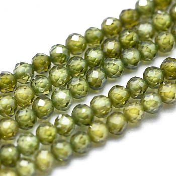 Cubic Zirconia Bead Strands, Round, Faceted, Olive Drab, 2mm, Hole: 0.2mm, about 14.96 inch(38cm), 184pcs/strand