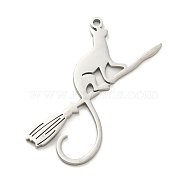 304 Stainless Steel Pendants, Laser Cut, Cat with Broom Charm, Stainless Steel Color, 35x33x1mm, Hole: 1.5mm(STAS-Q255-08P)