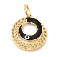 Brass Pendants, with Enamel, Real 18K Gold Plated, Long-Lasting Plated, Round Ring with Evil Eye Charm, Black, 36.5x32.5x3.5mm, Hole: 11x7.5mm(KK-E076-05G-01)