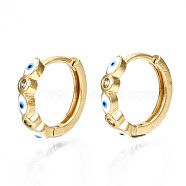 Brass Micro Pave Cubic Zirconia Huggie Hoop Earrings, with Enamel, Nickel Free, Ring with Evil Eye, Real 16K Gold Plated, White, 16x3mm, Pin: 1mm(EJEW-T014-09G-04-NF)