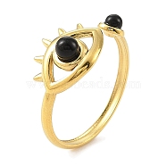 Natural Black Agate Finger Rings, Eye 304 Stainless Steel Cuff Rings for Women, Real 18K Gold Plated, 10.5mm, Inner Diameter: 19mm(RJEW-F166-57G)