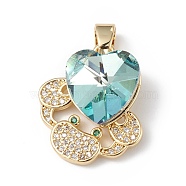 Rack Plating Brass Micro Pave Cubic Zirconia Pendants, with Glass, Long-Lasting Plated, Cadmium Free & Lead Free, Crab with Heart, Real 18K Gold Plated, Pale Turquoise, 21x18x8mm, Hole: 5x3mm(KK-C015-01G-12)