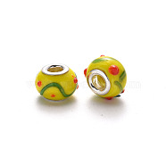 Handmade Lampwork European Beads, Bumpy, Large Hole Rondelle Beads, with Platinum Tone Brass Double Cores, Yellow, 14~15x9~10mm, Hole: 5mm(LPDL-N001-007-B07)