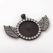 Alloy Pendant Cabochon Setting, with Crystal Rhinestone, Flat Round with Wing, Black Color, Tray: 25mm, 41x60x3mm, Hole: 3.5x5.5mm(ALRI-WH0005-11YH)