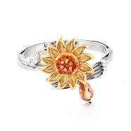 Sunflower and Dragonfly Rotatable Open Ring for Women, Brass Cubic Zirconia Fidget Spinner Rings, Adjustable Relieve Stress Cuff Ring, Platinum & Golden, US Size 7 3/4(17.9mm)(RJEW-M139-16P)