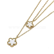 Ion Plating(IP) 304 Stainless Steel Double Layer Cable Chain Necklaces, Flower Plastic Imitation Shell Pendant Necklaces, Golden, 15.59 inch(39.6cm)(NJEW-D080-01G)