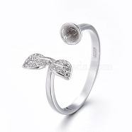 925 Sterling Silver Cuff Rings, Open Rings Components, For Half Drilled Beads, with Cubic Zirconia, Leaf, Carved 925, Platinum, Size 8, 18mm, Tray: 3.5mm, Pin: 0.8mm(STER-F048-22P)
