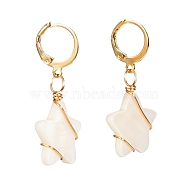 Star Natural Shell Beads Leverback Earrings for Girl Women, Wire Wrap 304 Stainless Steel Earrings, Golden, 35mm, Pin: 0.7mm(EJEW-JE04676)