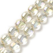 Transparent Electroplate Glass Bead Strands, Rainbow Plated, Flat Round, Champagne Yellow, 12x8mm, Hole: 1.2mm, about 50pcs/strand, 24.41''(62cm)(EGLA-P049-01A-FR04)
