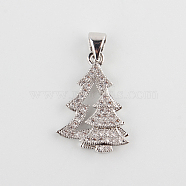 Filigree Christmas Tree Brass Micro Pave Cubic Zirconia Pendants, Platinum, 20x14.5x2mm, Hole: 4.5x3mm(ZIRC-P002-15)