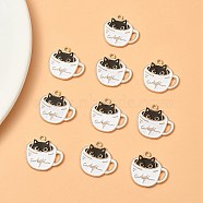 Alloy Enamel Pendants, Light Gold, Cup with Cat Charm, White, 18.5x20x1mm, Hole: 1.5mm(PALLOY-YW0003-24C)
