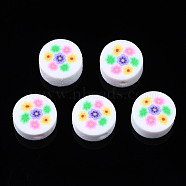 Handmade Polymer Clay Beads, for DIY Jewelry Crafts Supplies, Flat Round with Flower, Colorful, 9.5~10x4.5mm, Hole: 1.8mm(CLAY-N008-039M)