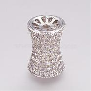 Brass Micro Pave Cubic Zirconia Beads, Column, Hollow, Platinum, 17x12mm, Hole: 2mm(ZIRC-P049-53P)