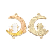 Alloy Enamel Pendants, Golden, Cat with Moon Charm, PeachPuff, 28x20.5x1.5mm, Hole: 1.6mm(ENAM-D046-44G-02)