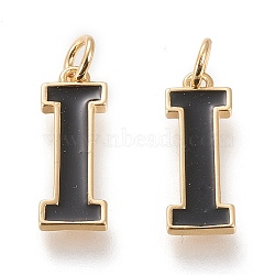 Brass Enamel Pendants, with Jump Ring, Long-Lasting Plated, Real 18K Gold Plated, Letter.I, Black, Letter.I, I: 18x6.5x1.8mm, Jump Rings: Inner Diameter: 3mm(KK-R139-03I)