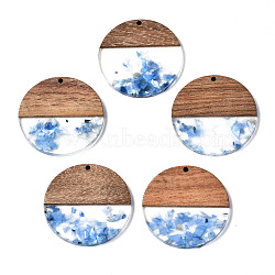 Transparent Resin & Walnut Wood Pendants, with Shell Chips, Two Tone, Flat Round, Dodger Blue, 38.5x3.5mm, Hole: 2mm(X-RESI-T035-24-A02)