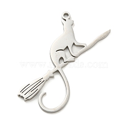 Non-Tarnish 304 Stainless Steel Pendants, Laser Cut, Cat with Broom Charm, Stainless Steel Color, 35x33x1mm, Hole: 1.5mm(STAS-Q255-08P)