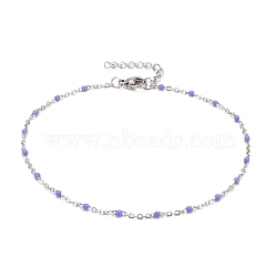 304 Stainless Steel Cable Chain Anklets, with Enamel and Lobster Claw Clasps, Stainless Steel Color, Plum, 230x2mm(AJEW-K030-01P-10)