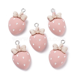 Opaque Resin Pendants, with Platinum Tone Iron Loops, Strawberry with Bowknot, Pink, 28x16.5x7mm, Hole: 2mm(X-RESI-F030-03)