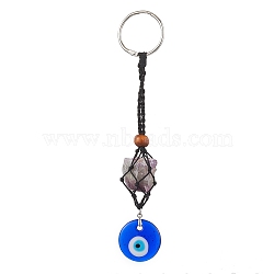 Handmade Evil Eye Lampwork Pendant Decoraton, Iron Rings & Braided Nylon Thread Pouch Hanging Ornaments, Blue, 190mm(HJEW-JM02027-02)