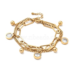 Clear Cubic Zirconia and Round Ball Charm Multi-strand Bracelet, Vacuum Plating 304 Stainless Steel Double Layered Chains Bracelet for Women, Golden, 7-1/2 inch(19cm)(BJEW-G639-14G)