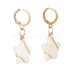 Star Natural Shell Beads Leverback Earrings for Girl Women, Wire Wrap 304 Stainless Steel Earrings, Real 24K Gold Plated, 35mm, Pin: 0.7mm(EJEW-JE04676)