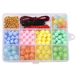 180Pcs 8 Colors Round Frosted & Opaque Acrylic Beads, with  4m Waxed Polyester Cords and 100Pcs ABS Plastic Beads, for DIY Children's Day Bracelets Making Kits, Mixed Color, 8mm/10mm(DIY-YW0001-94)