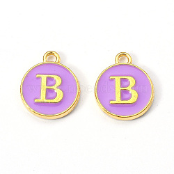 Golden Plated Alloy Enamel Charms, Enamelled Sequins, Flat Round with Letter, Medium Purple, Letter.B, 14x12x2mm, Hole: 1.5mm(X-ENAM-S118-10B)