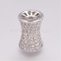 Brass Micro Pave Cubic Zirconia Beads, Column, Hollow, Platinum, 17x12mm, Hole: 2mm(ZIRC-P049-53P)