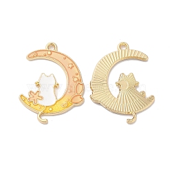 Alloy Enamel Pendants, Golden, Cat with Moon Charm, PeachPuff, 28x20.5x1.5mm, Hole: 1.6mm(ENAM-D046-44G-02)