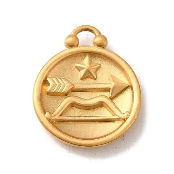 304 Stainless Steel Pendants, Flat Round with Constellations Charm, Matte Gold Color, Sagittarius, 20.5x17x3mm, Hole: 2.5x2mm
