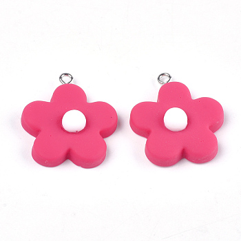 Resin Pendants, with Platinum Plated Iron Findings, Flower, Cerise, 23~24x20~22x9~10mm, Hole: 2mm