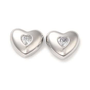 Brass Bead, with Glass, Heart, Real Platinum Plated, 12.5x14x6mm, Hole: 3x1.7mm