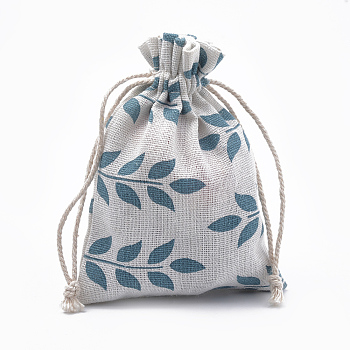 Polycotton(Polyester Cotton) Packing Pouches Drawstring Bags, with Printed Leafy Branches, Old Lace, 14x10cm