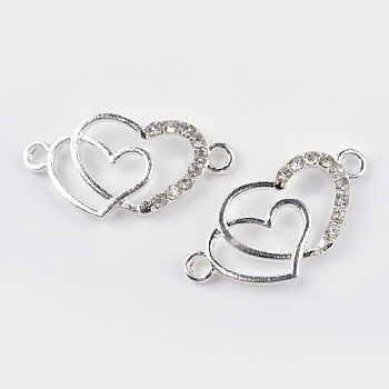 Alloy Rhinestone Links connectors, Double Heart, Silver Color Plated, 12.5x25x2.5mm, Hole: 1.5mm