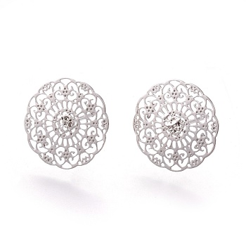 Brass Stud Earring, Flower, Real Platinum Plated, 14.5x0.3mm, Pin: 0.7mm