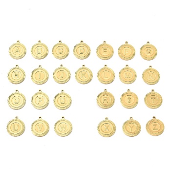 304 Stainless Steel Pendants, Real 18K Gold Plated, Flat Round with Letter Charm, Letter A~Z, 20.5x18x1.7mm, Hole: 1.8mm, 26pcs/set