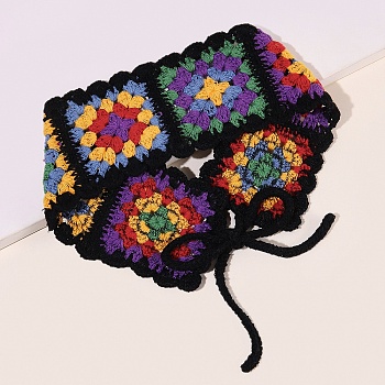Colorful Flower Crochet Cotton Elastic Headbands, Wide Hair Accessories for Woman Girls, Black, 410~500mm